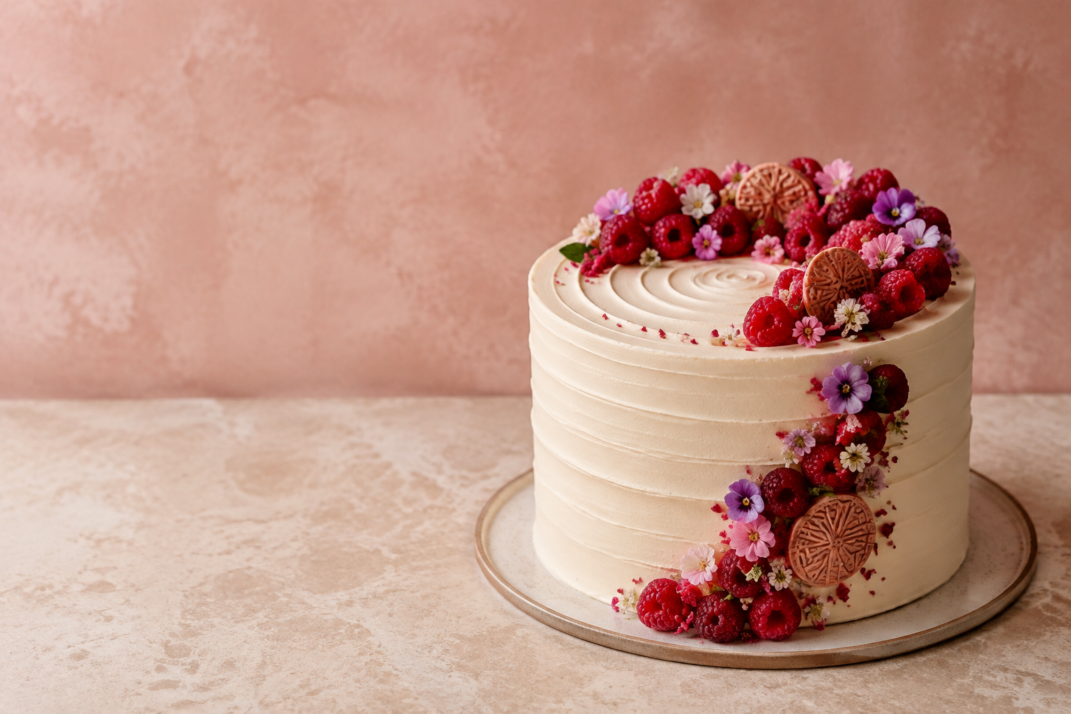 Torta artesanal decorada con frambuesas y flores
